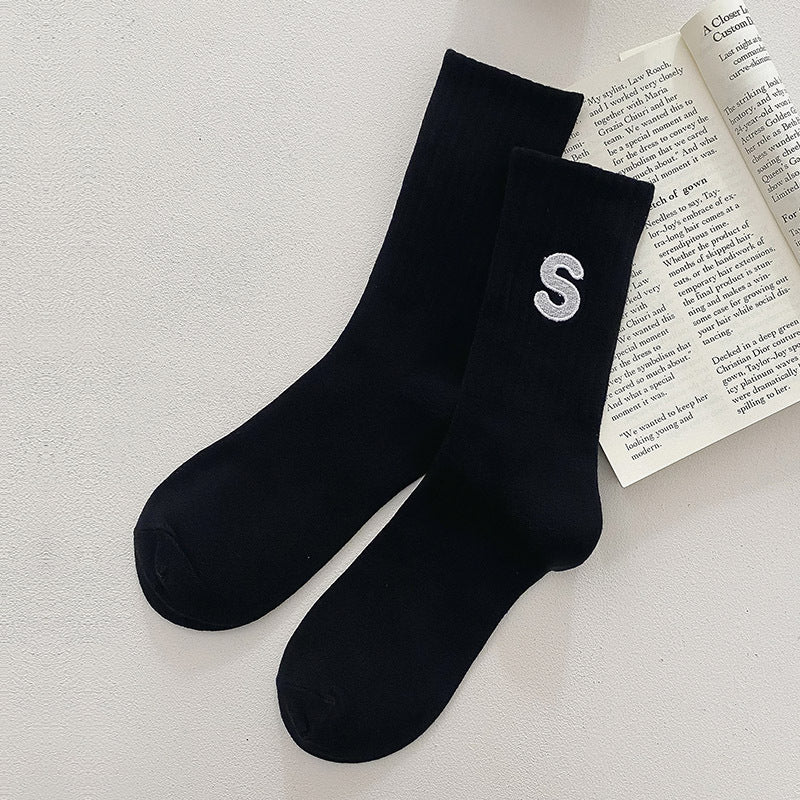 Embroidered S-letter Cotton Sweat-absorbent Autumn And Winter Socks Women's
