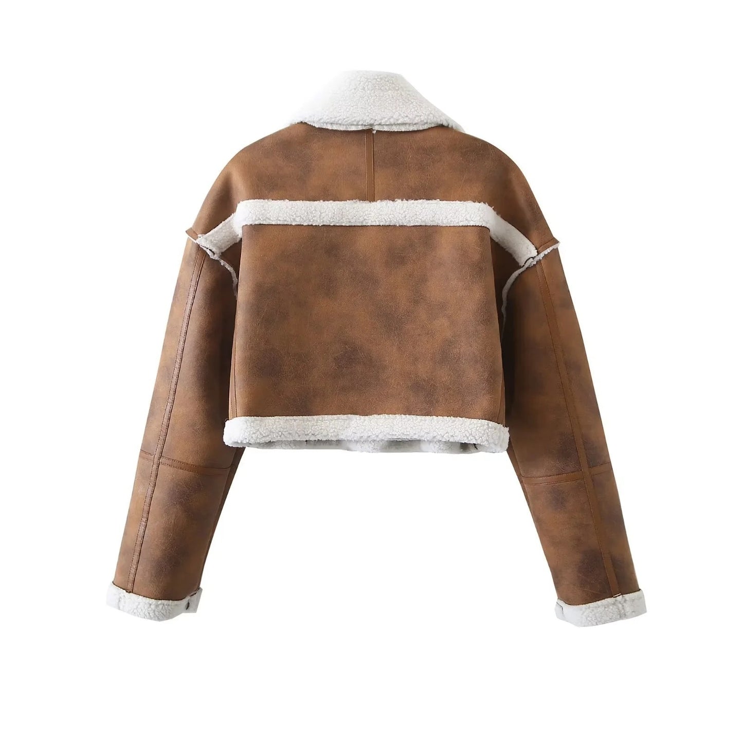 Lapel Loose Short Suede Contrast Color Pocket Side Zipper Lamb Wool Long Sleeve Coat
