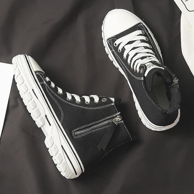 Trendy Platform High-Top Sneakers | Side Zip & Lace-Up Fashion Shoes Spring New High-top Canvas Korean Black Martin Boots