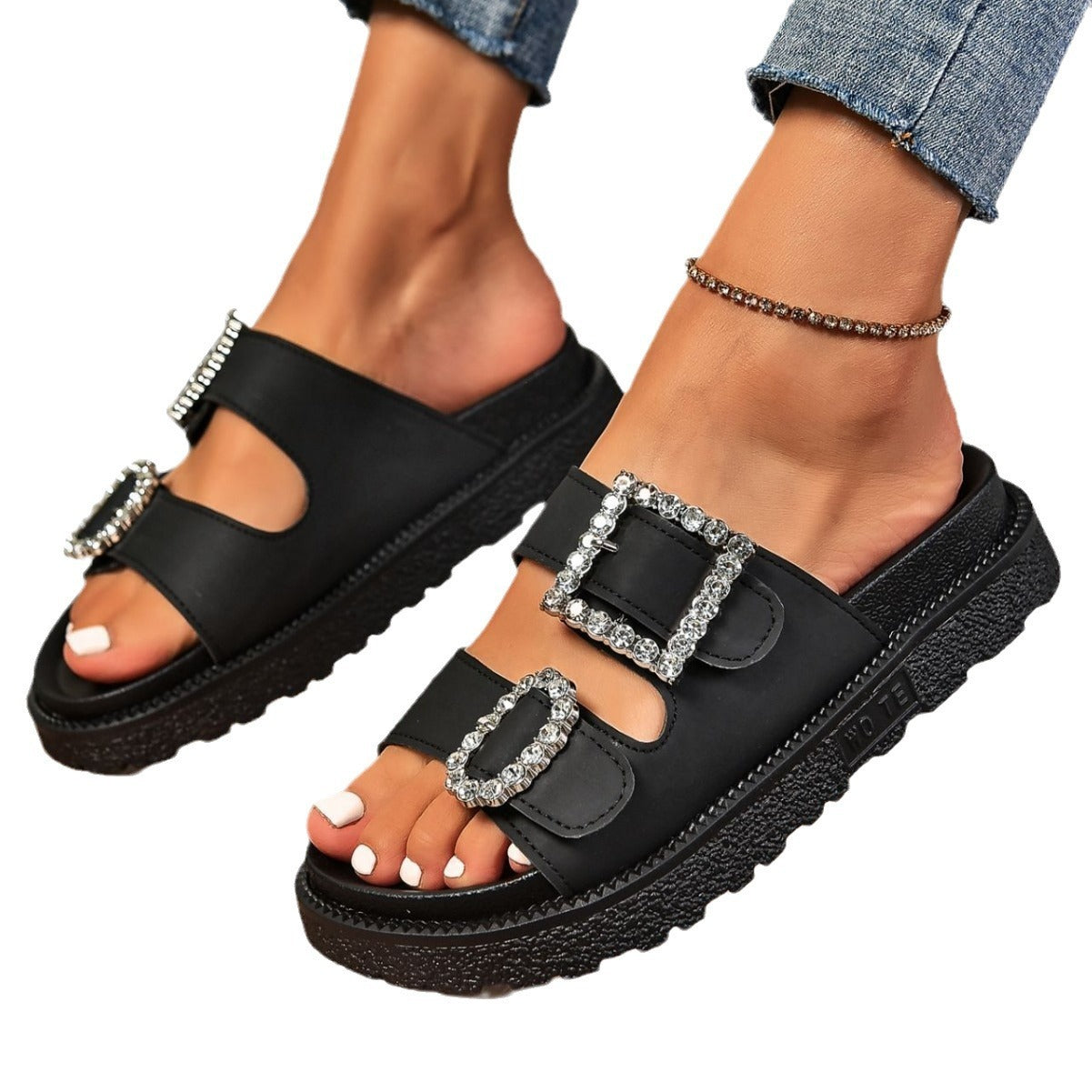 Versatile Everyday Platform Slide Sandals Fashion Rhinestone Belt Buckle Platform Sandals