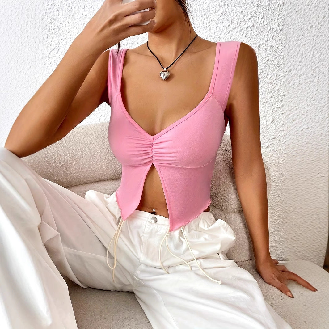 Solid Color Summer Camisole With Slit Hem And Temperament Vest Top