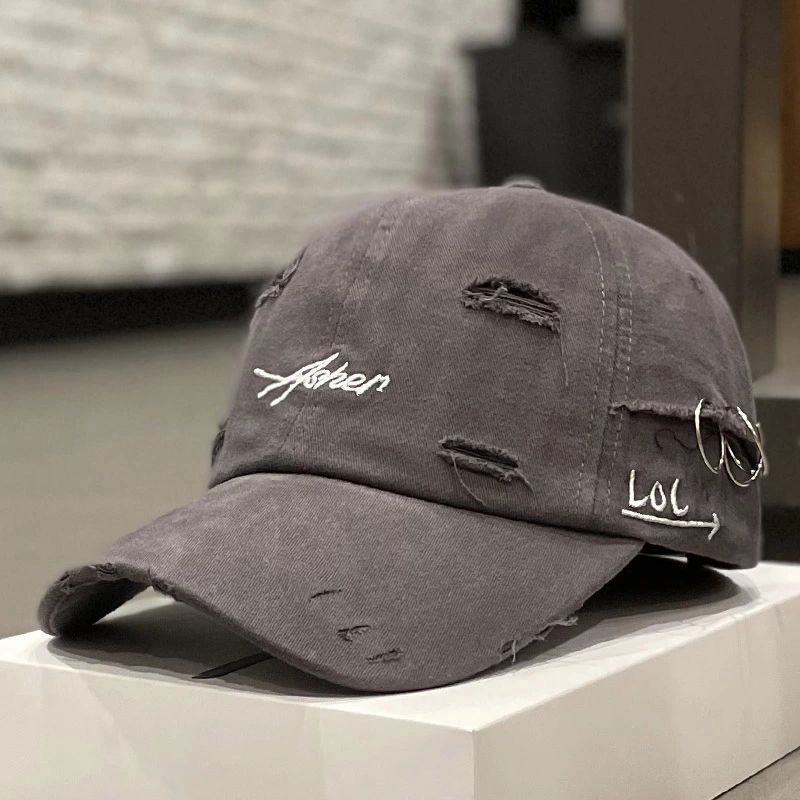 Korean Distressed "LOL" Embroidered Baseball Cap Ins Retro Tattered Jeans Soft Peaked Cap Women