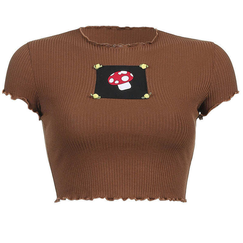 Printed Pullover Slim Fit Crew Neck Short T-Shirt Crop Navel T-Shirt