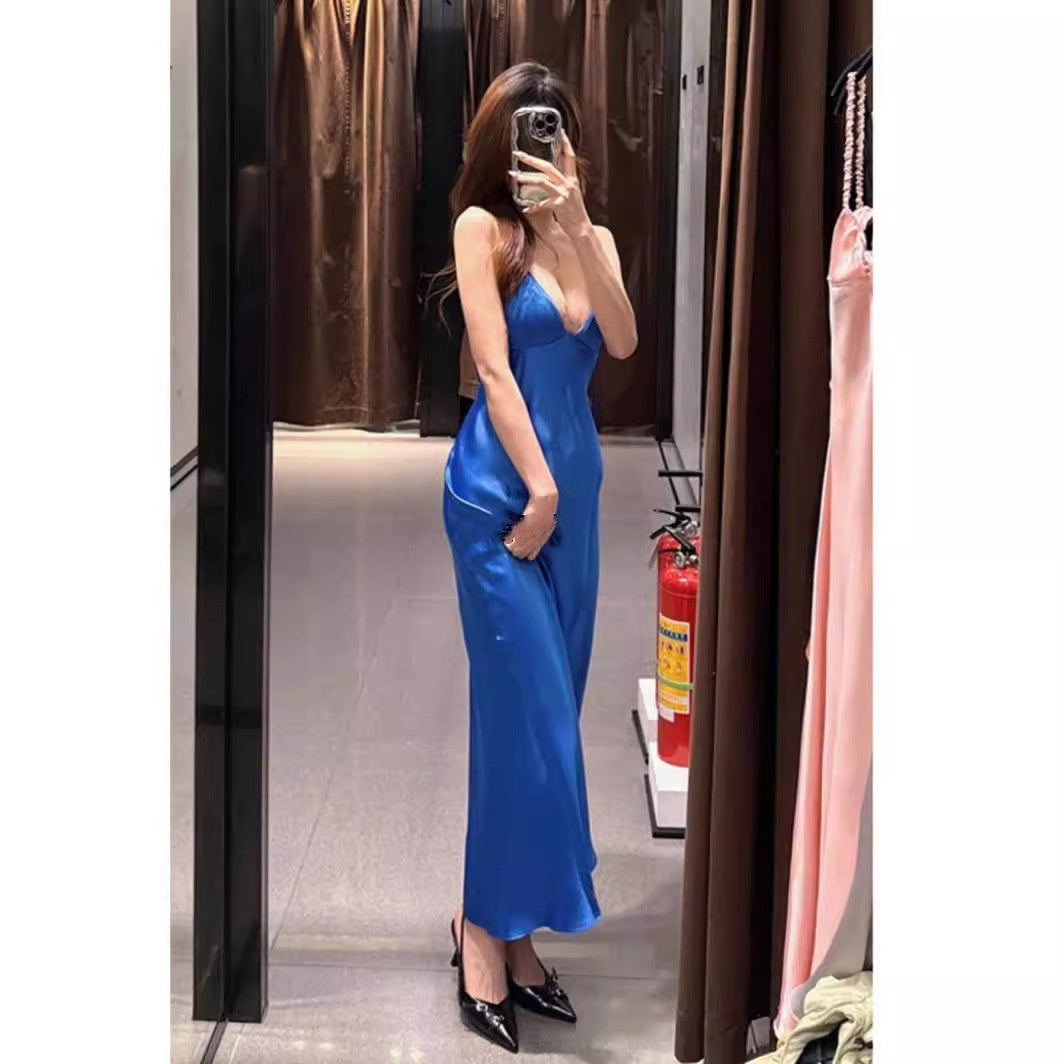Blue French Silky Satin Bodycon Halter Spaghetti Straps Dress