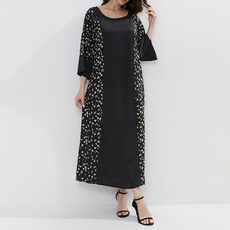 Ethnic Floral Print Tunic Dress With Belt, Middle Eastern Style Muslim Long Dress