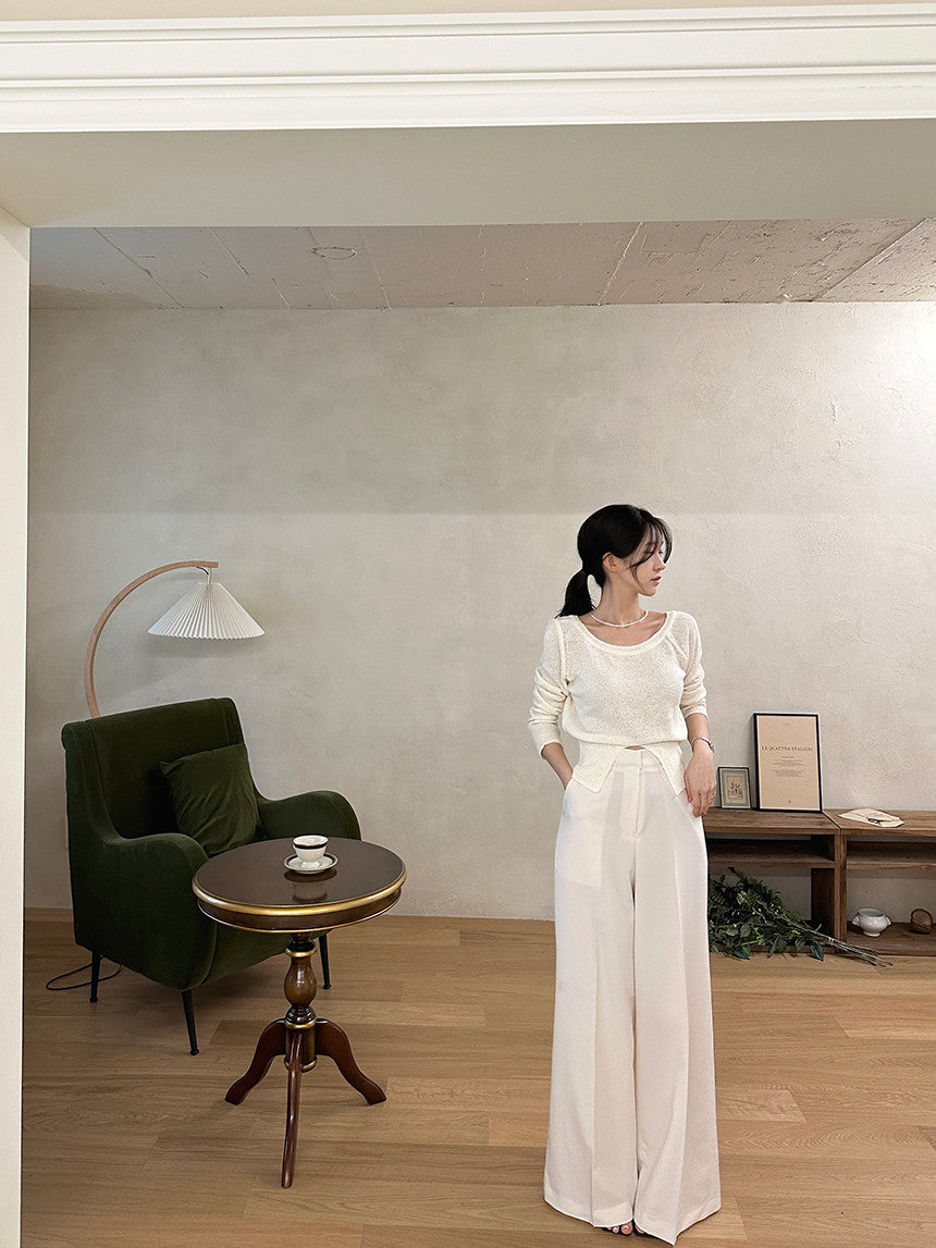 High-Waisted Elegant Wide-Leg Trousers – Office Chic Meets Minimalist Comfort Hanging Wide Leg Mopping Pants Casual Pants Women