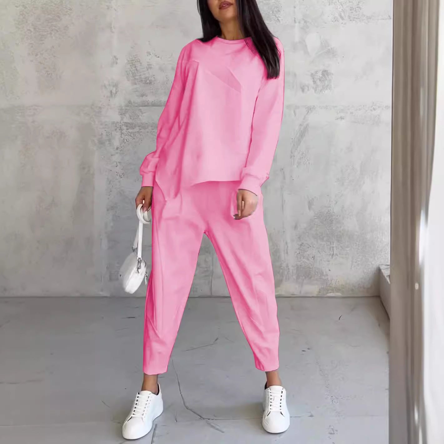Slouchy Luxe Lounge Set – Crewneck Top + Tapered Joggers Women's Round Neck Loose And Irregular Long-sleeve Sweater Set