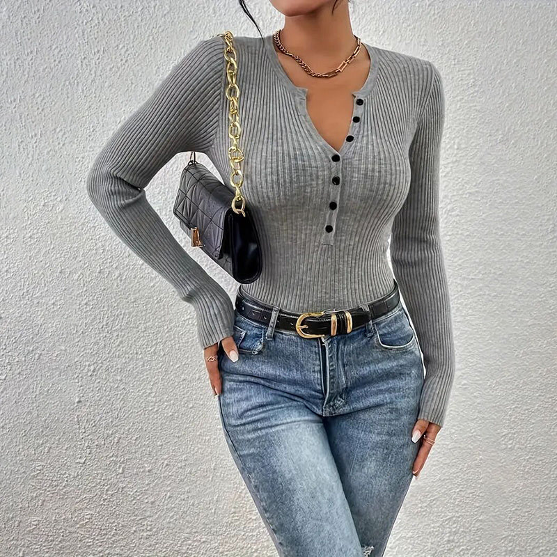 Elegant V-Neck Button Detail Knit Sweater - Long Sleeve Solid Color Casual Pullover For Fall&SpringTop