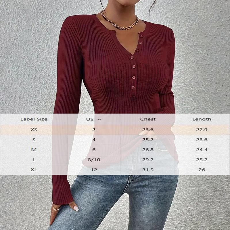 Elegant V-Neck Button Detail Knit Sweater - Long Sleeve Solid Color Casual Pullover For Fall&SpringTop