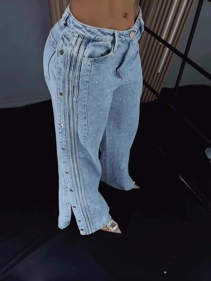 Sparkling Side Snap Jeans | Rhinestone Embellished Slit Hem Denim Button Polyester Rhinestone Fashion Jeans