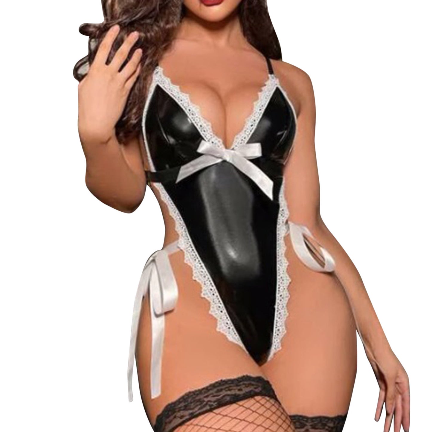 Sexy Sheer Mesh & Floral Lace Bodysuit Women's Clothing Patent Leather Jumpsuit