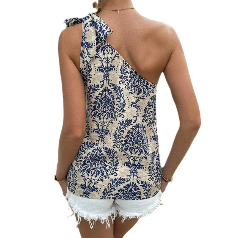Chic One-Shoulder Patterned / Bohemian Print Top Casual Vacation Beach Women's Top Summer