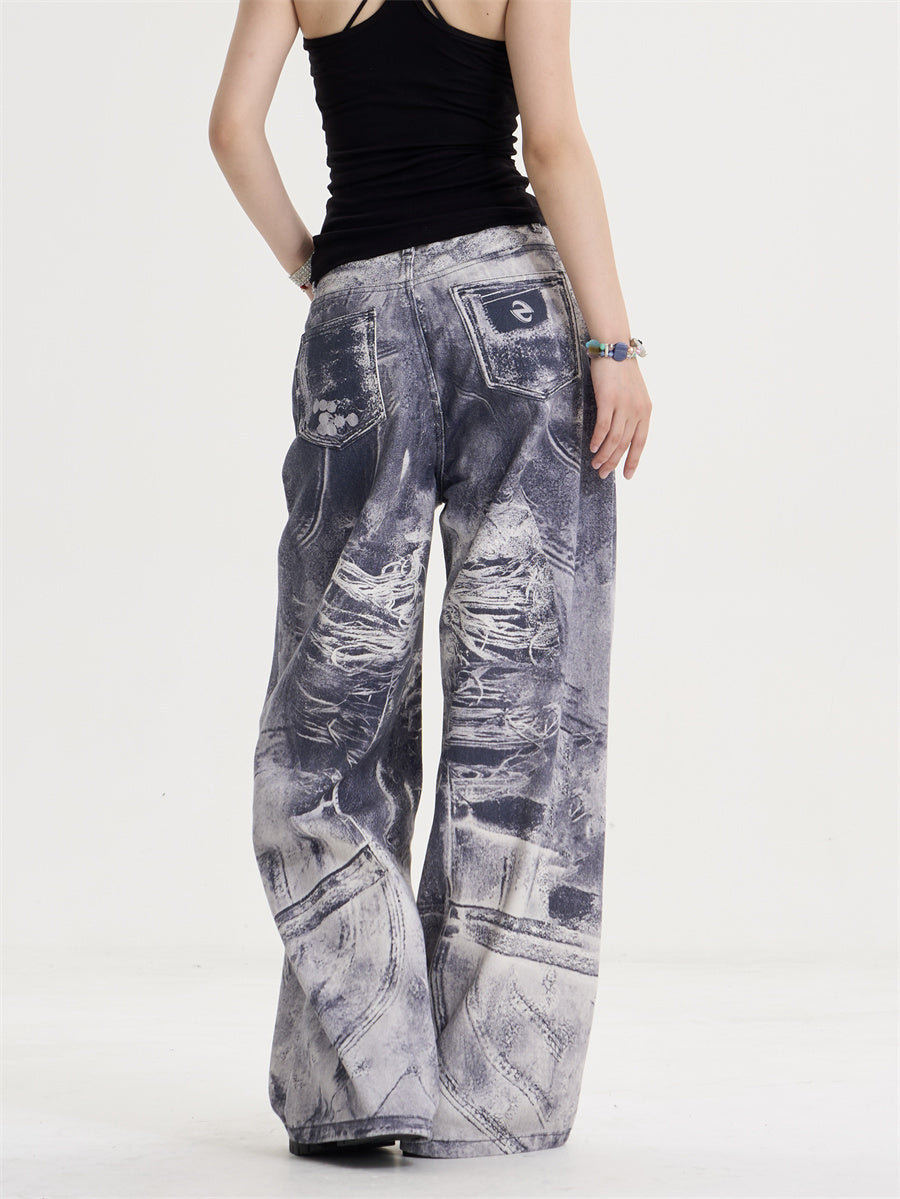 American Style Retro Washed Distressed Printed Gradient Jeans Women's Loose Straight