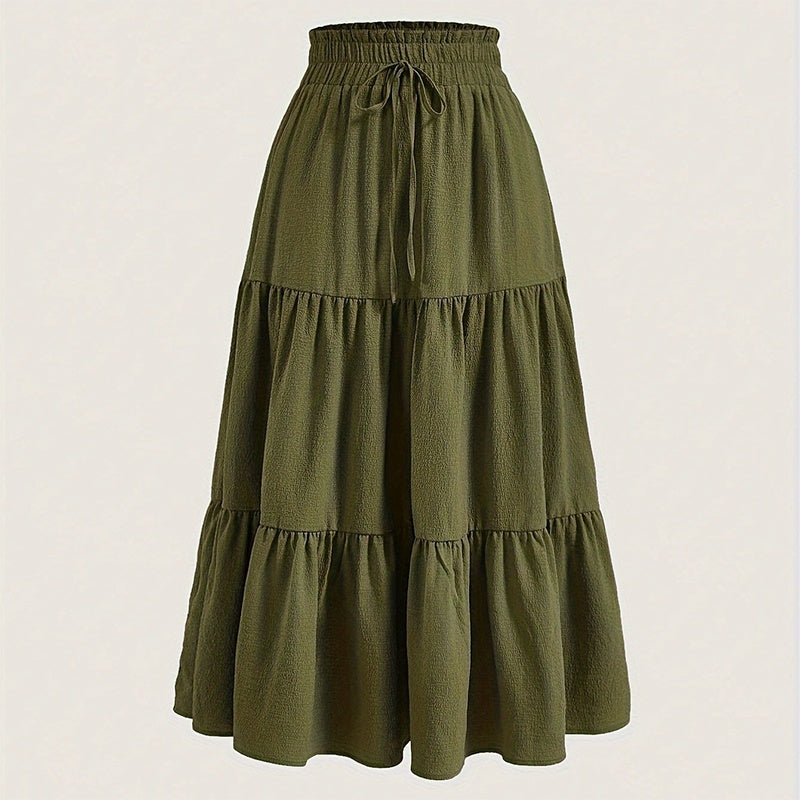 Solid Color High-Waist Knot Detail Flowy Pleated Midi Skirt - Elegant A-Line Skirt For Spring Summer