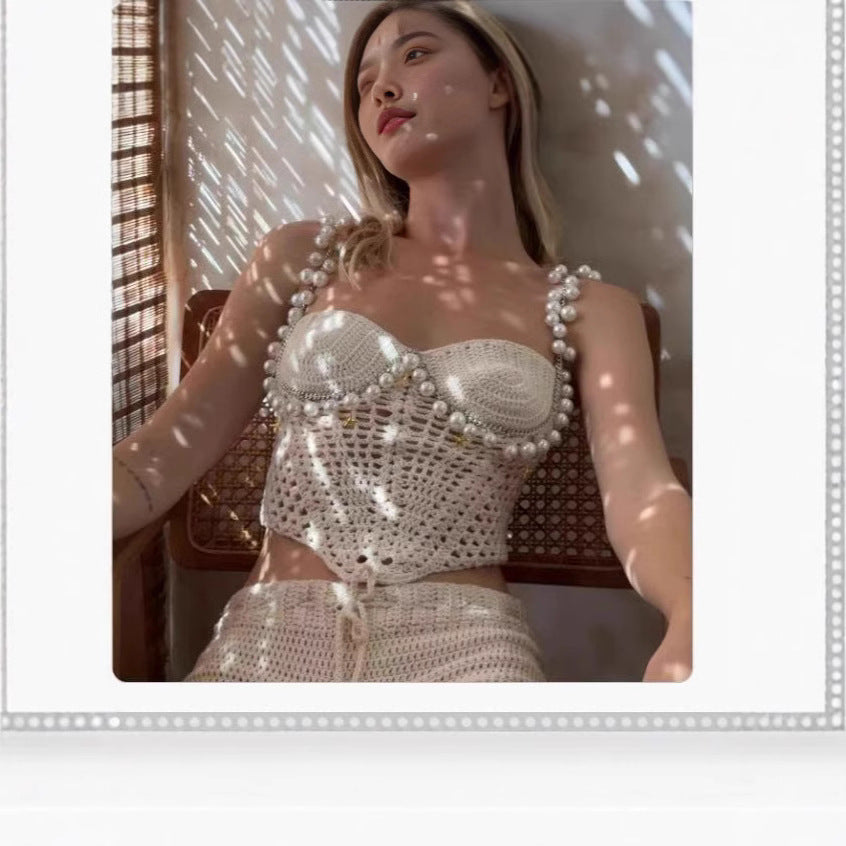 Sexy Solid Color Crop-top Spaghetti-strap Beading Top For Women's