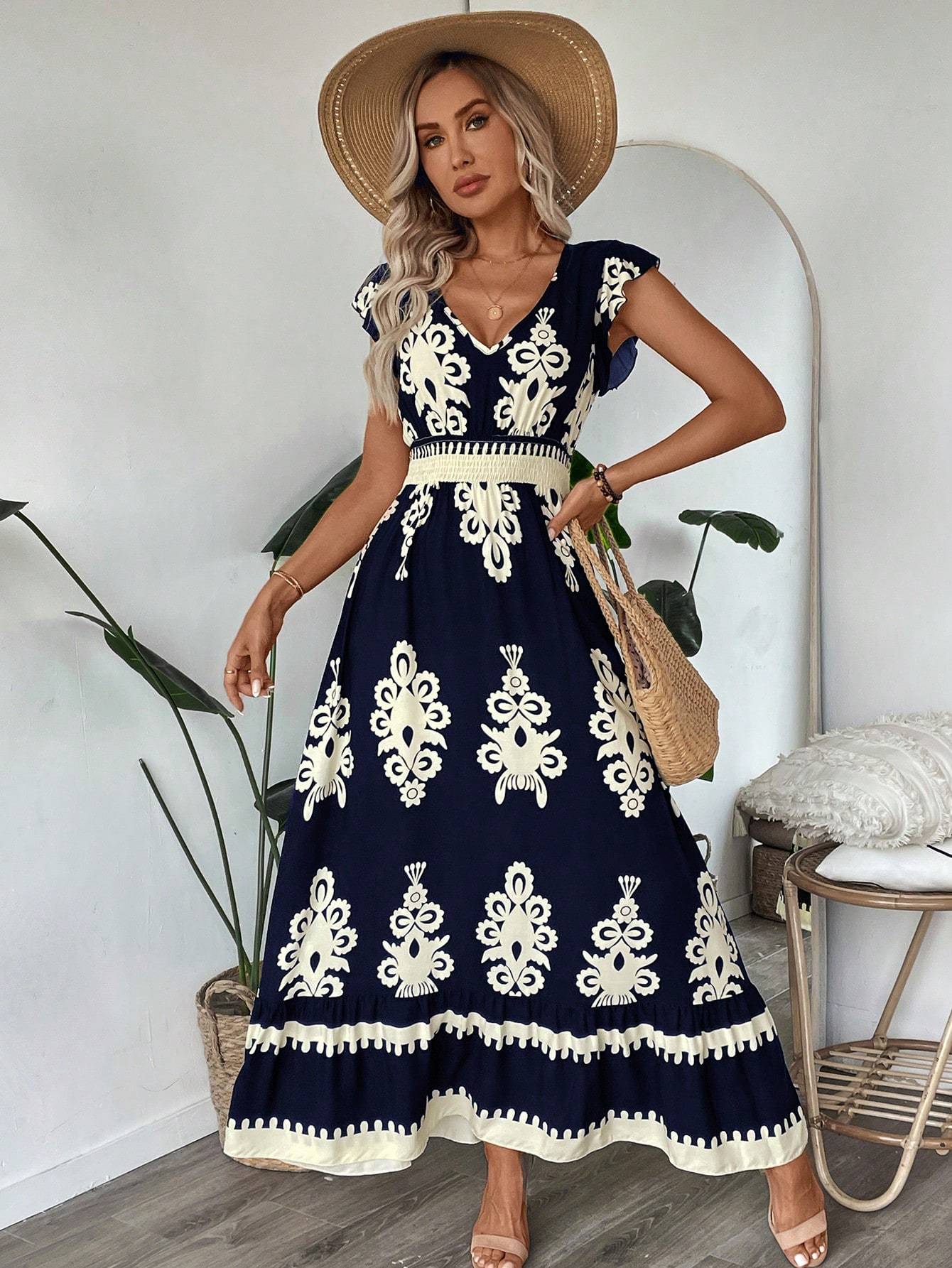 Trim Cap Sleeve Cinched Waist Ruffle Hem A-Line Dress For Women
