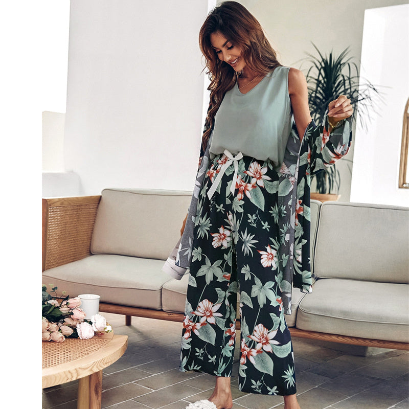 Chic 3-Piece Floral Print Kimono Robe, Cami & Pajamas Set Women Viscose Floral Printed Female Loose Sleepwear Nightwear