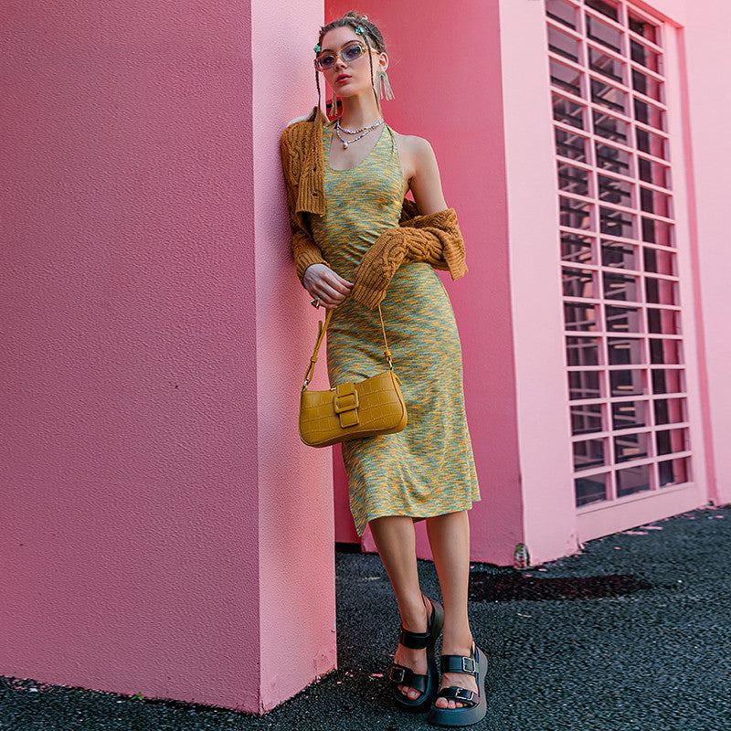 Halter Knit Y2K Style Slim Bodycon Dress For Women's