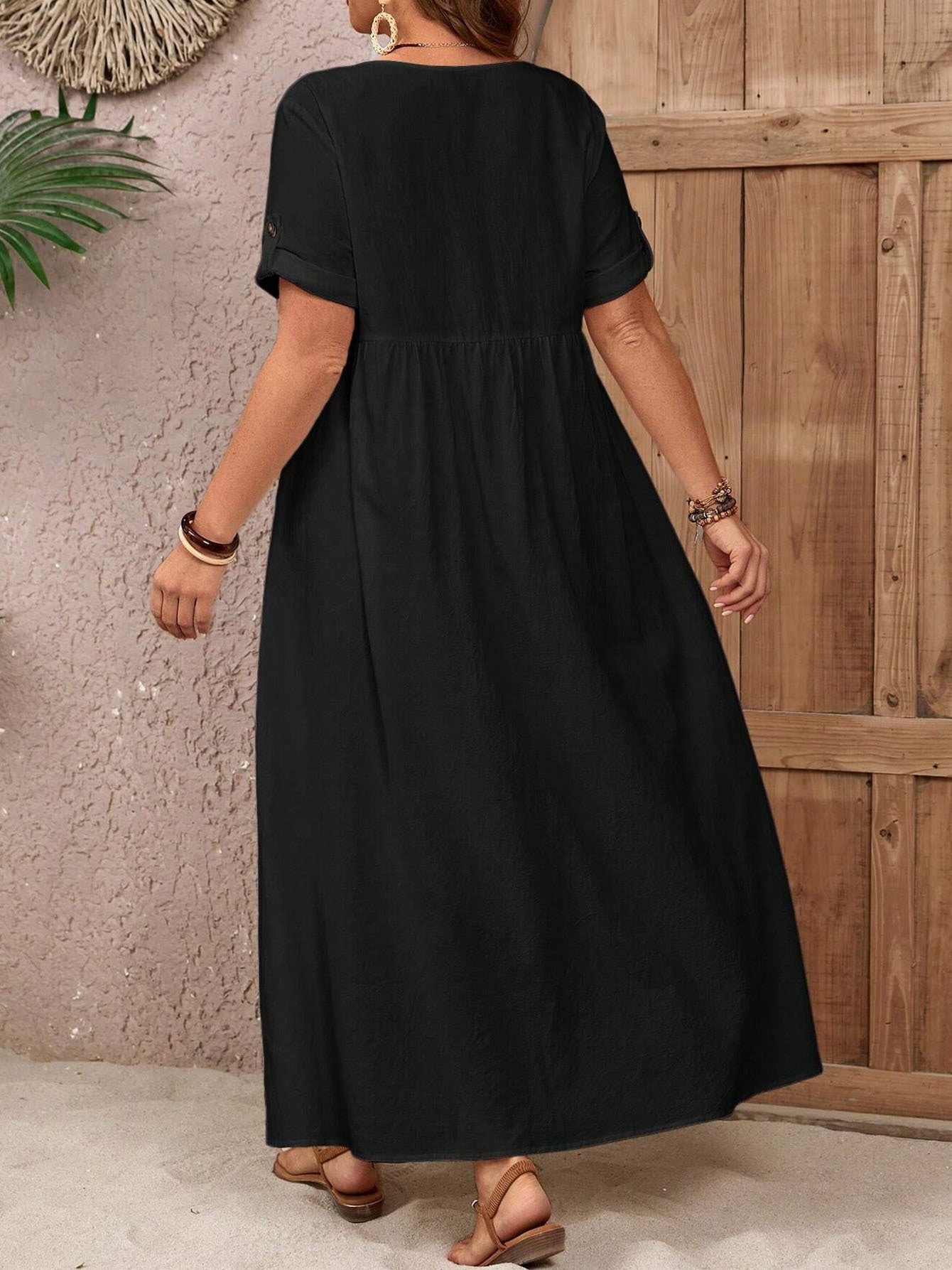 Button-Down Maxi Dress - Casual Summer Short-Sleeve Flowy Dress With Pockets