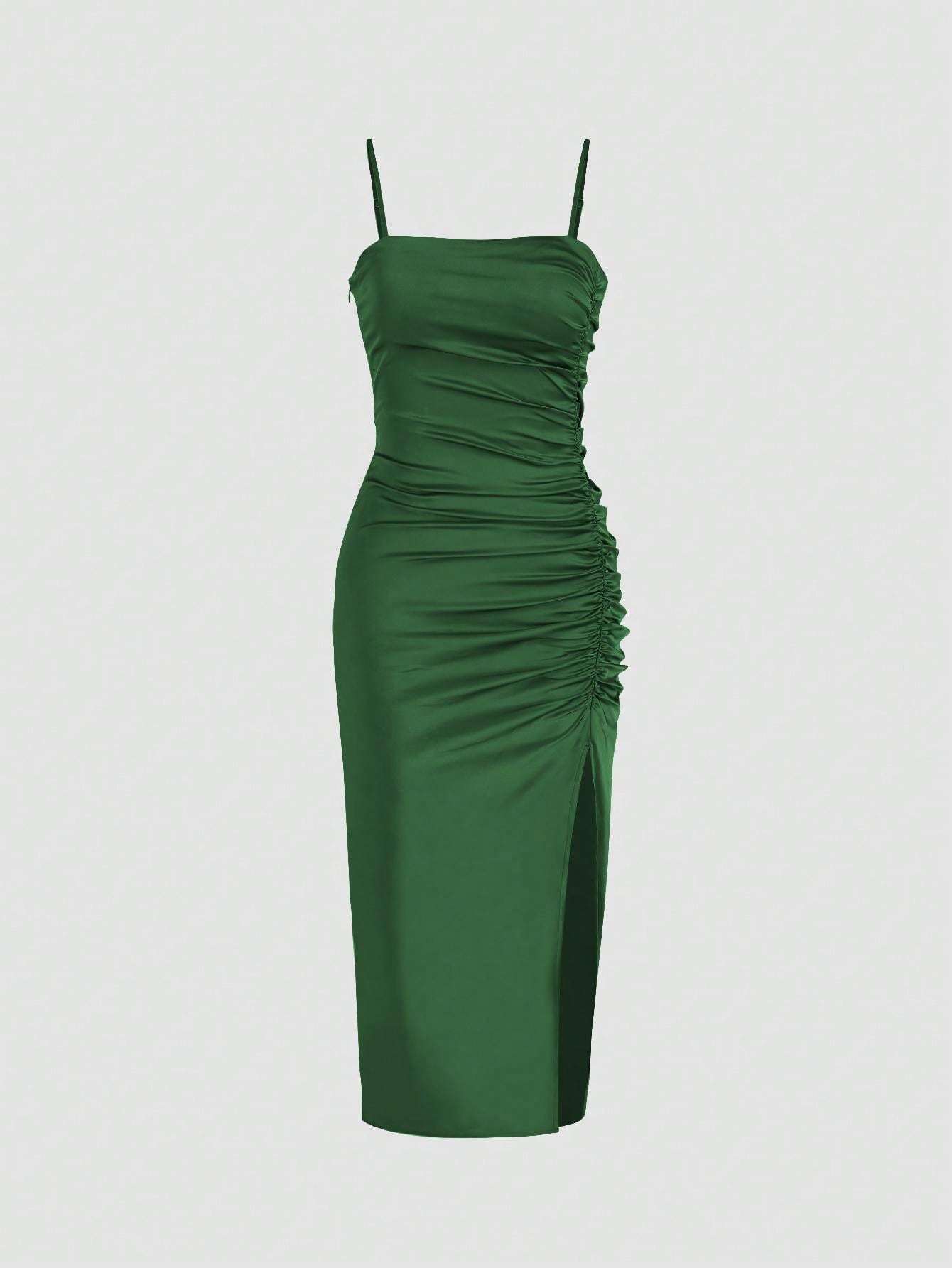 Solid Color Ruched Bodycon Slit Cami Dress Party Dress Wedding Guest Dress