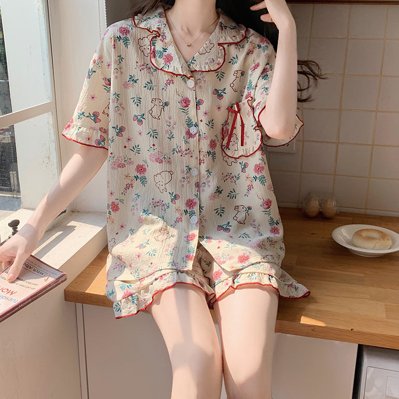 Cute Floral Print Short Sleeve Pajama Set with Ruffles Summer Short Sleeve Shorts Korean Style Two-piece Rabbit Pattern Combination Pajamas