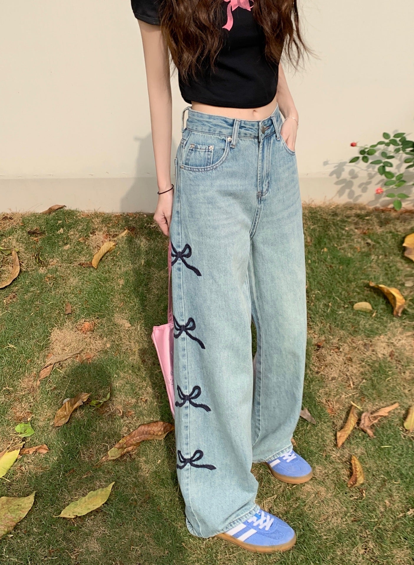 Ribbon Side Statement – Bow Detail Baggy Jeans Butterfly Embroidered Jeans Wide-leg Pants For Women