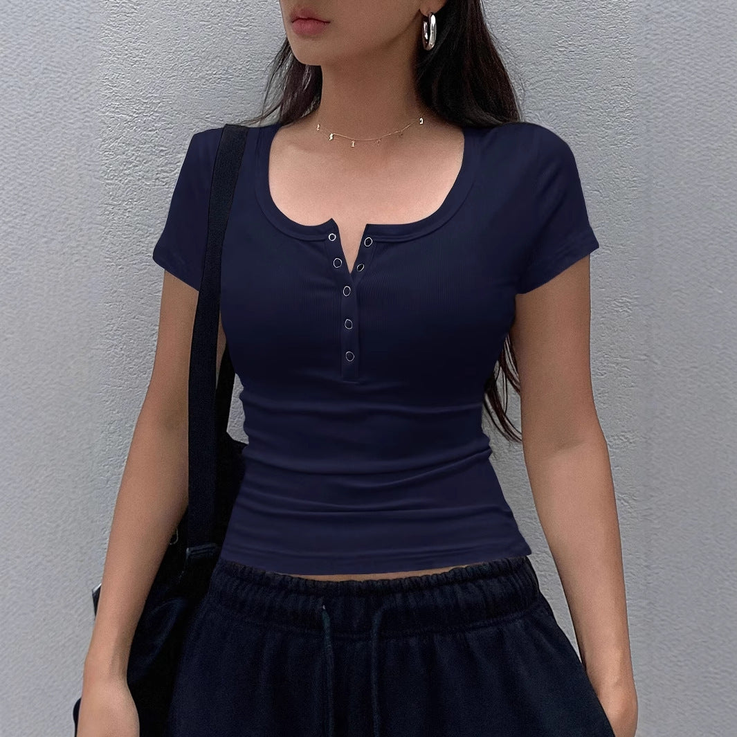 Solid Color Short-sleeved Top Rib Knit Half-cardigan Button T-shirt