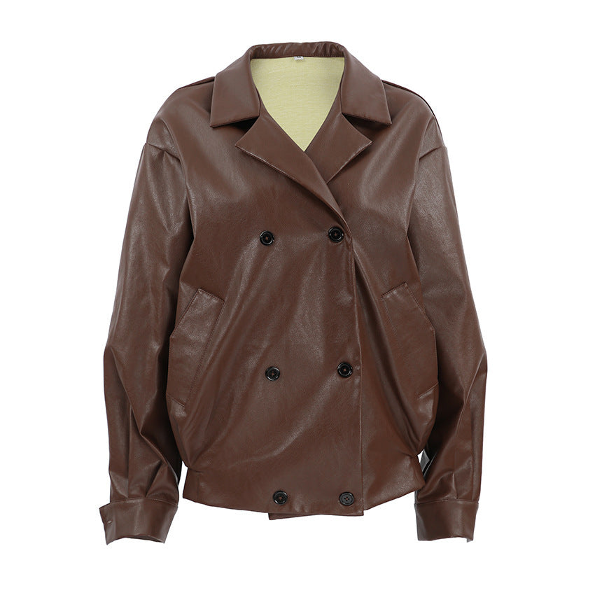 Elegant Suit Collar Loose Mid Length Leather Coat Jacket For Women's
