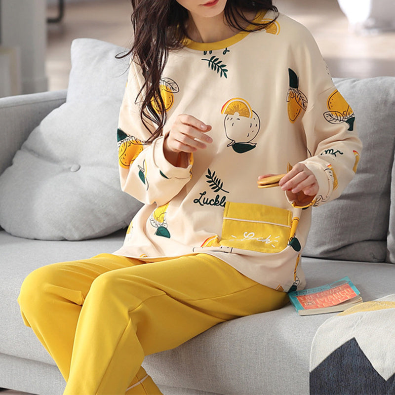 Comfy Women's Cartoon Pattern Sleepwear Set Loose Print Pajamas Women Autumn Winter Pajama Set Long Sleeves And Trousers Elegant Sleepwear Girl Loungewear Home Clothes