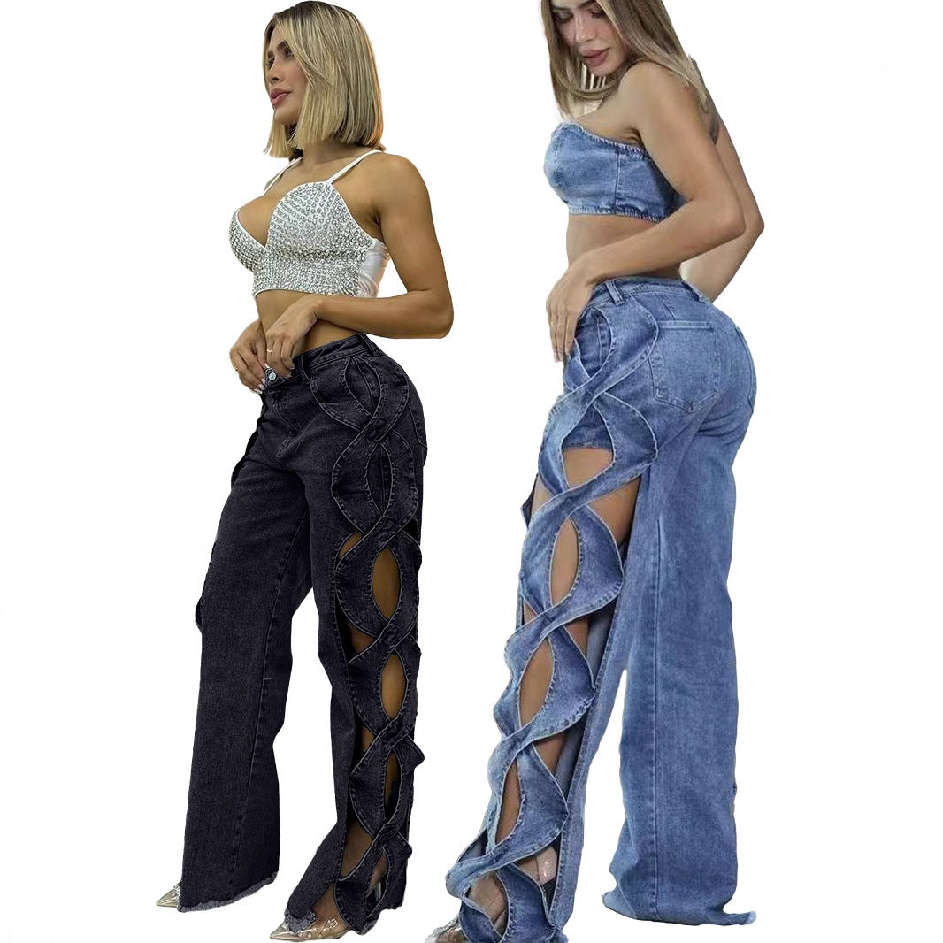 Retro Fashionable Side Hollow S Line Denim Jeans for Women's
