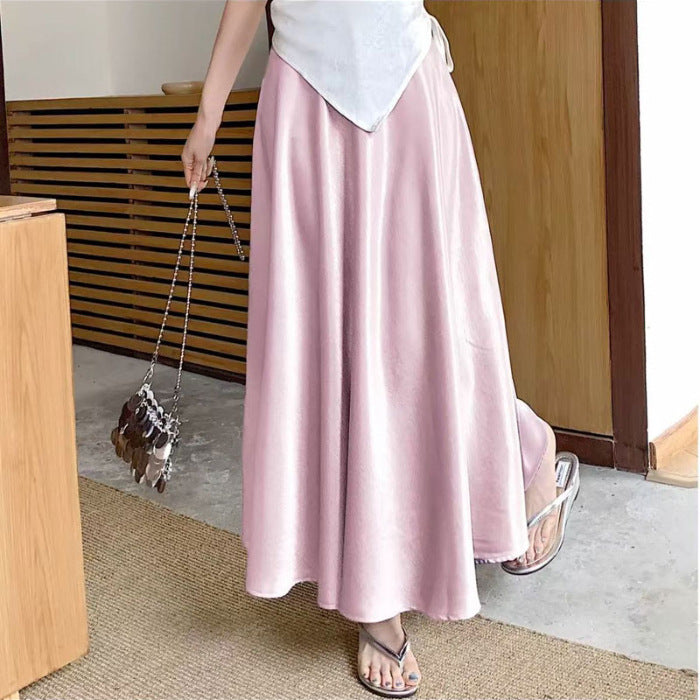Casual All-match Acetate Satin Draped Solid Skirt