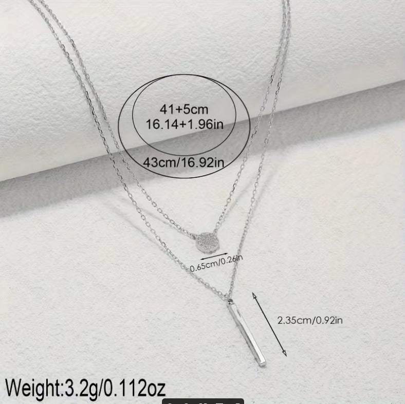 Multi-Layered Silver Tone Dainty Necklace with Bar & Round Pendants Silver Color Double Chain Long Stick Micro Pave Zircon Round Pendant Necklaces For Women Trendy Jewelry