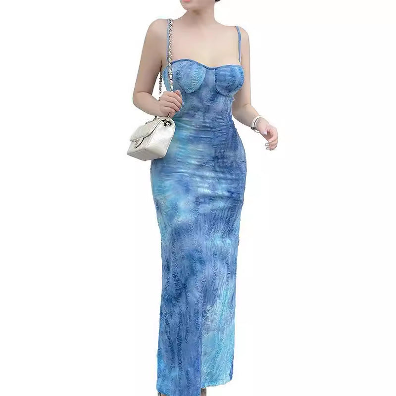 Tatted Tie-dyed Suspenders Bodycon Dress Women