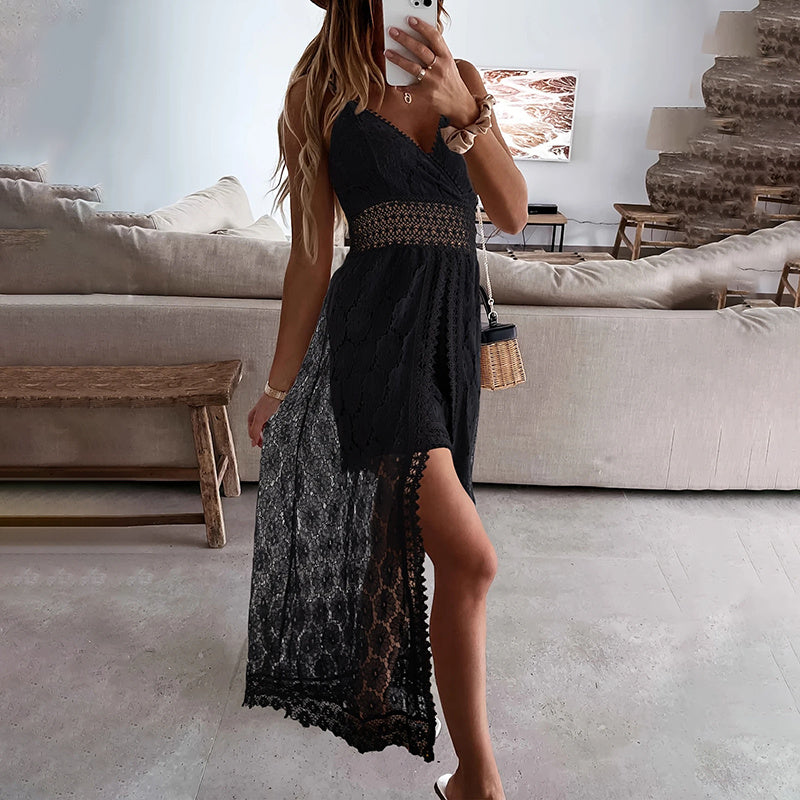 Summer Elegant Lace Jumpsuit - V-Neck Sleeveless Romper With Intricate Detailing