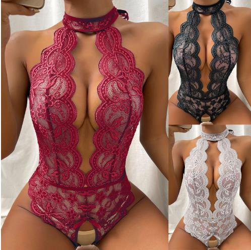 Sexy Black Sheer Lace Halter Neck Bodysuit Women's Fashion Simple Solid Color Lace Jumpsuit