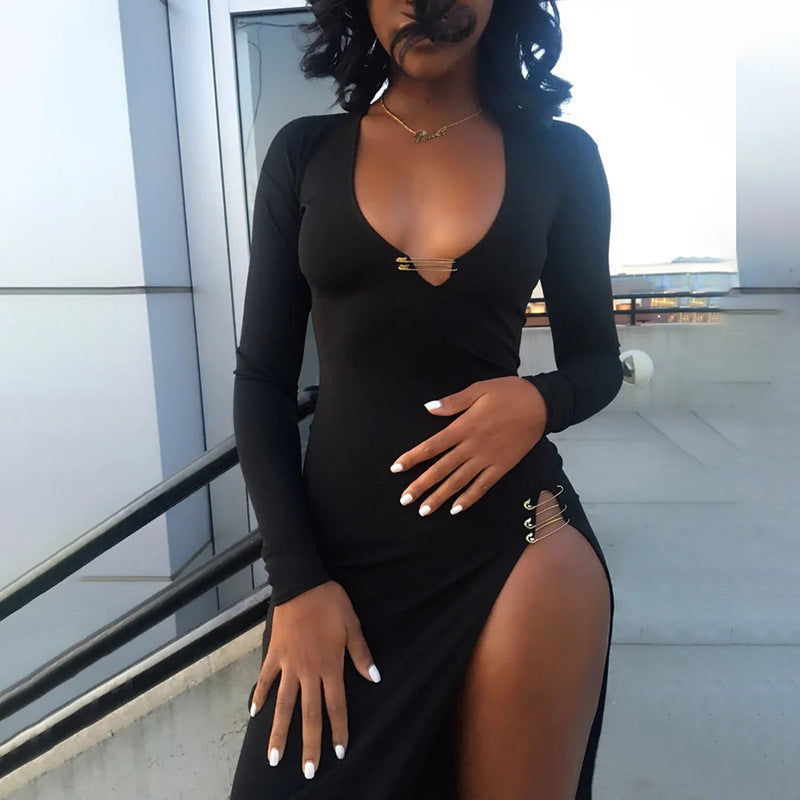 Black Versatile Slit Bodycon Dress Split Pin Long Dress For Women's