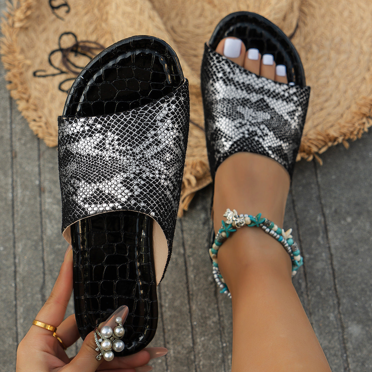 Metallic Embellished Slide Fashion Snake Pattern Beach Slippers Women