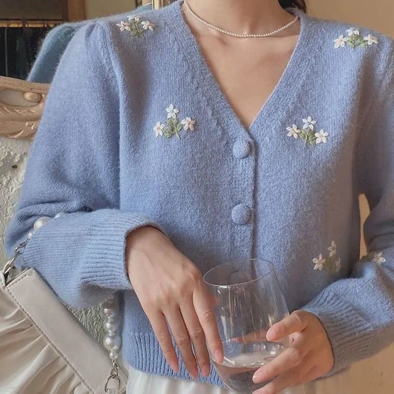 Korean Style Cropped Embroidered Knit Top - Casual & Elegant Long Sleeve Top Korean Short Thin Sweater Jacket