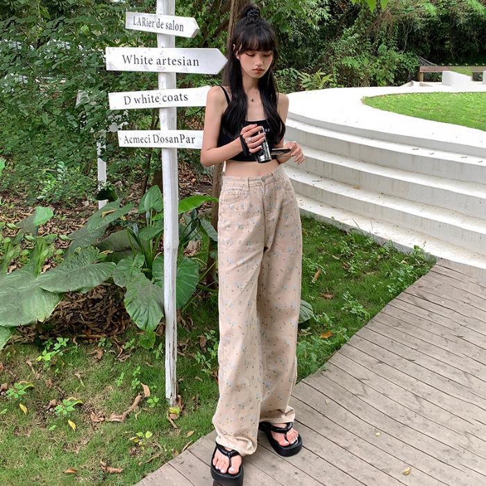 Beige Eyelet Embroidered Wide Leg Pants – Soft Vintage Aesthetic Streetwear Retro Loose Wide-leg Pants Straight Jeans For Women