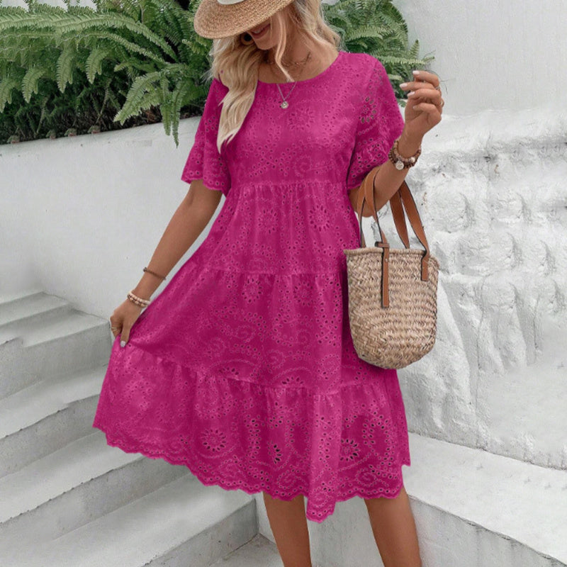Round Neck Embroidered Lace Short Sleeve A-Line Elegant Summer Vacation Dress