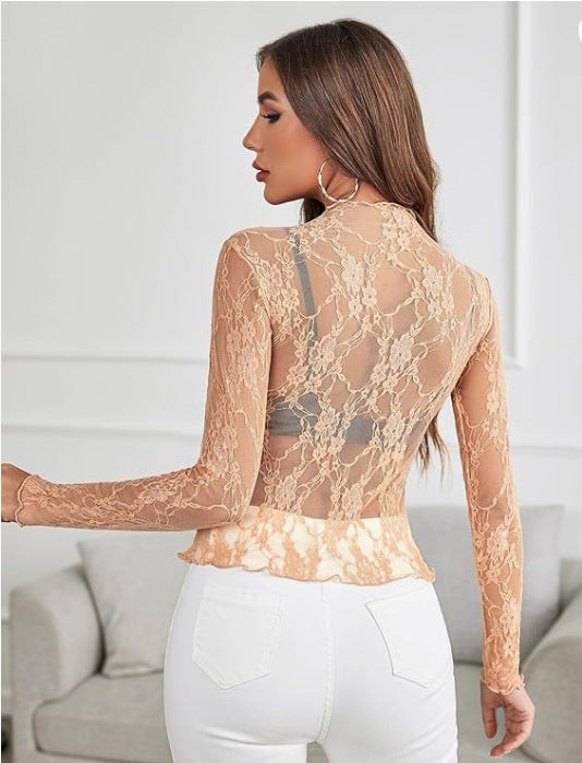 Mesh Top Long Sleeve Transparent Crop Top For Women's