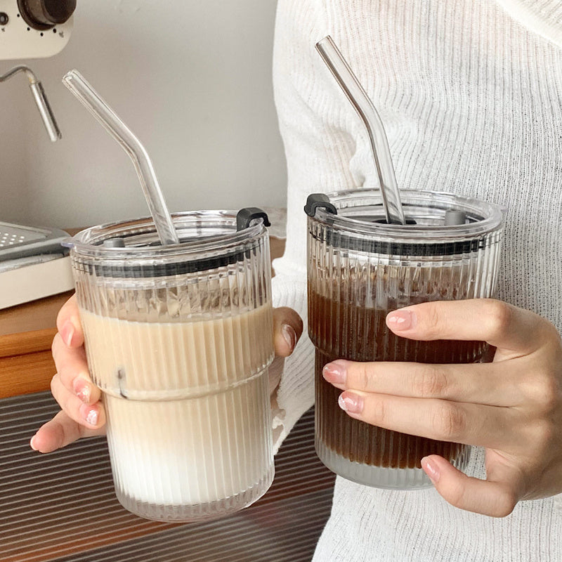 Aesthetic Striped Glass Cup for Cold Drinks Wind Stripe Coffee Mug With Straw With Lid Glass Handy Mug