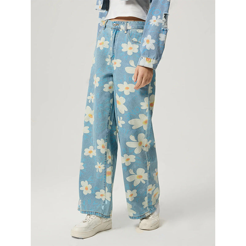 Vintage Flower Print Straight Jeans For Women's