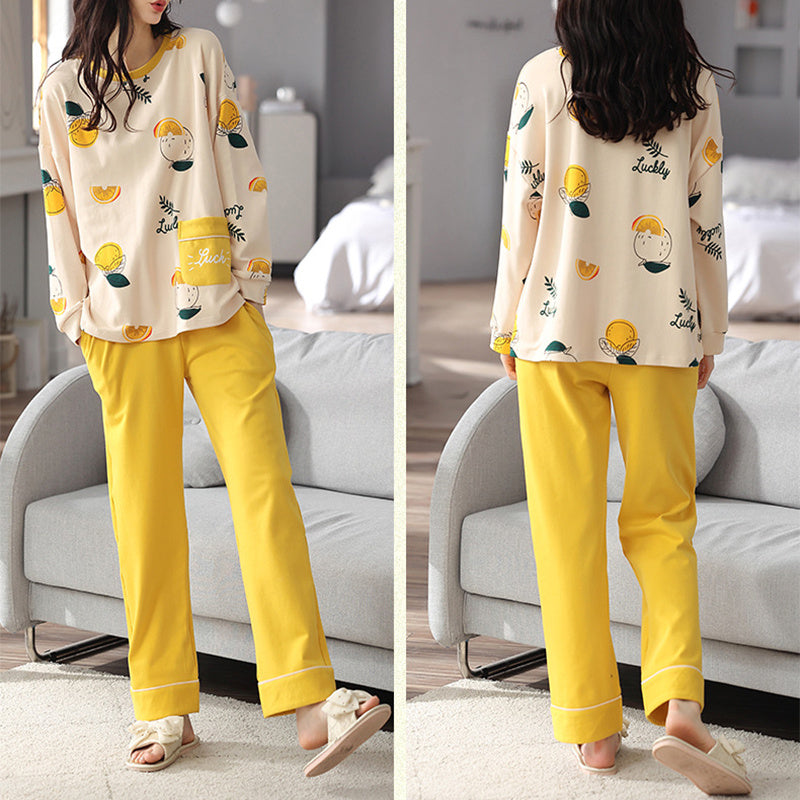 Comfy Women's Cartoon Pattern Sleepwear Set Loose Print Pajamas Women Autumn Winter Pajama Set Long Sleeves And Trousers Elegant Sleepwear Girl Loungewear Home Clothes