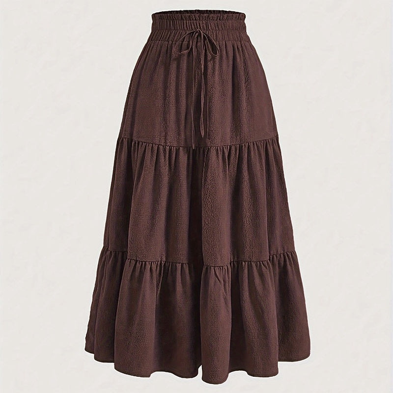 Solid Color High-Waist Knot Detail Flowy Pleated Midi Skirt - Elegant A-Line Skirt For Spring Summer