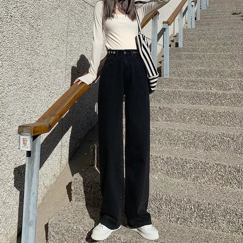 Effortless Elegance – Minimalist Wide-Leg Trousers New High Waist Drooping Straight Jeans For Women