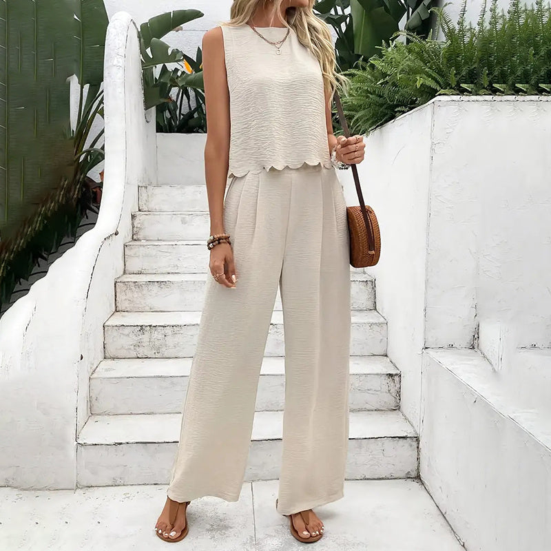 Elegant 2-Piece Matching Set, Sleeveless Crop Top And Wide Leg Pants Outfits