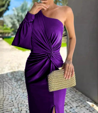 Diagonal Shoulder Knot Split Solid Color Slim Fit Dress
