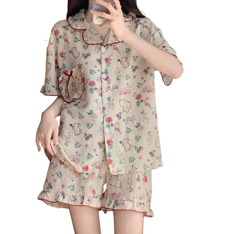 Cute Floral Print Short Sleeve Pajama Set with Ruffles Summer Short Sleeve Shorts Korean Style Two-piece Rabbit Pattern Combination Pajamas