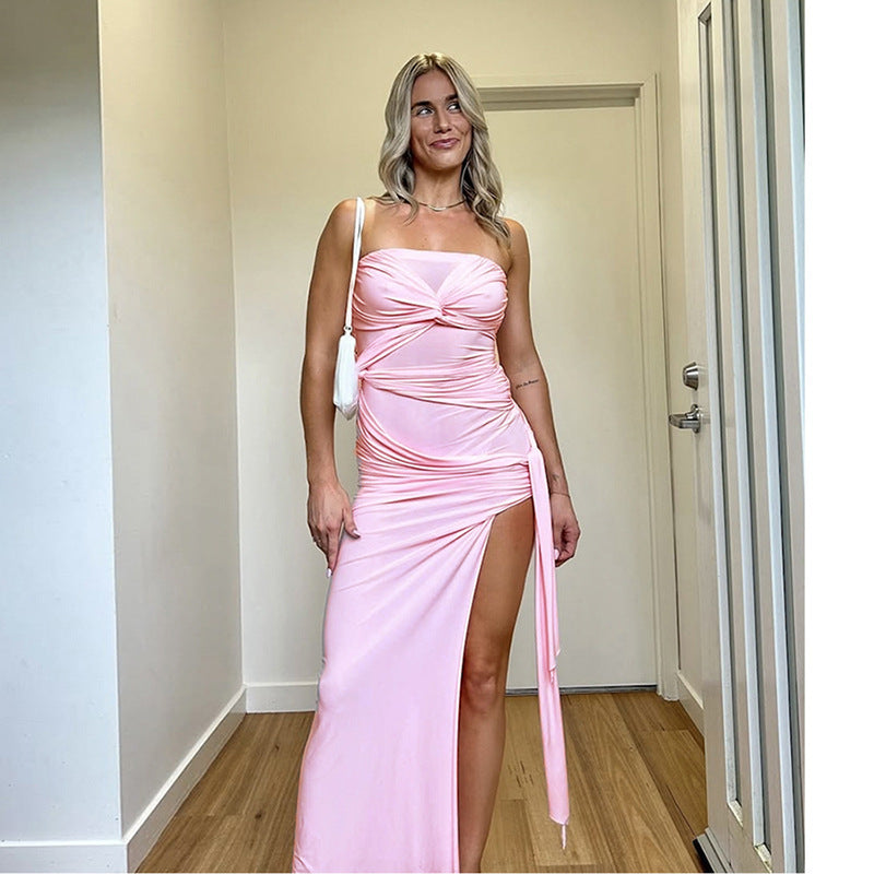 Sexy Temperament Twist Knot Backless Side Slit Tube Top Solid Color Dress